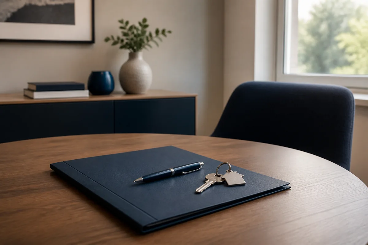 Keys and a document folder on a professional closing meeting table