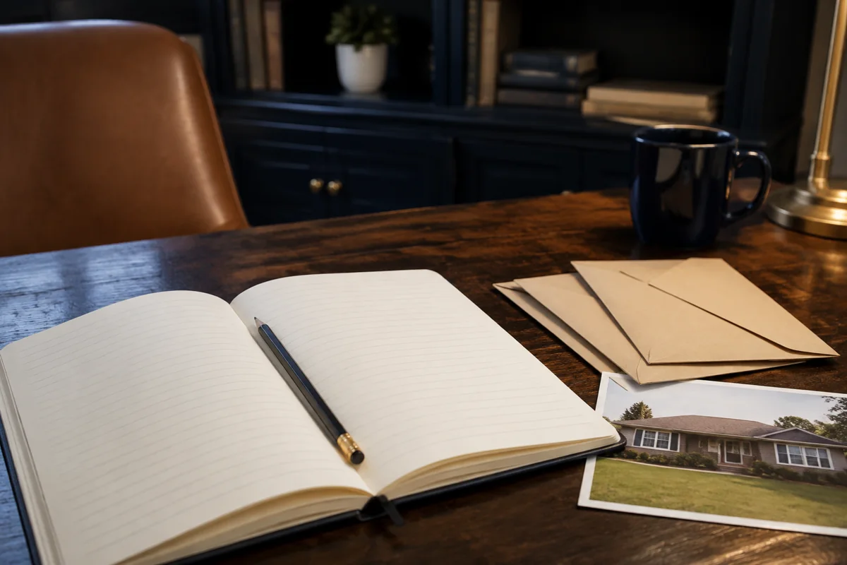 Open decision journal beside dated property photo folders and a pencil